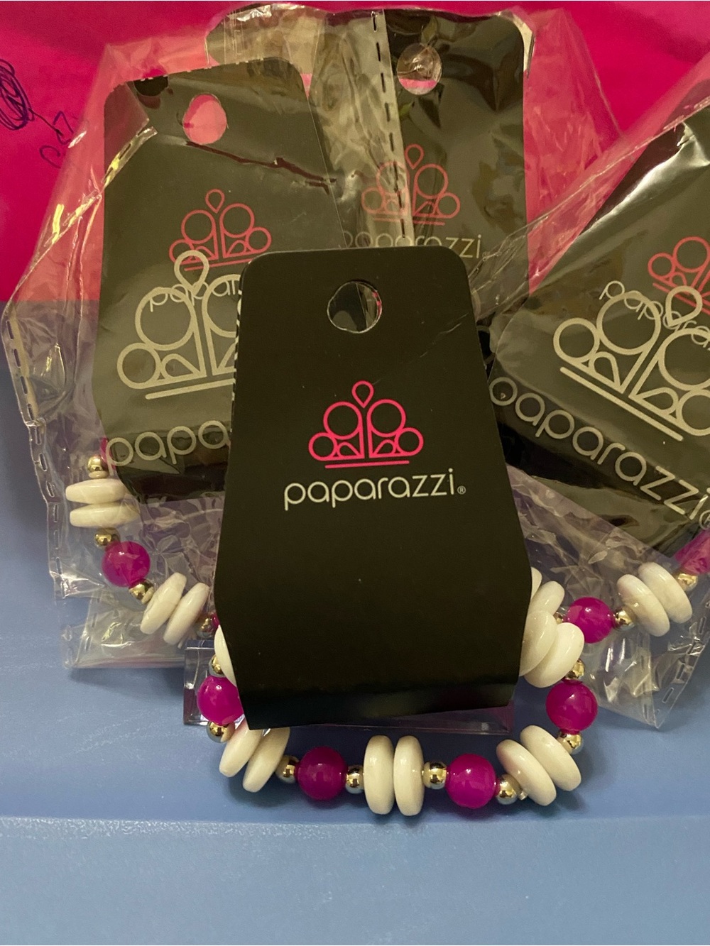 paparazzi Fuchsia and White Beaded Stretch Bracelet